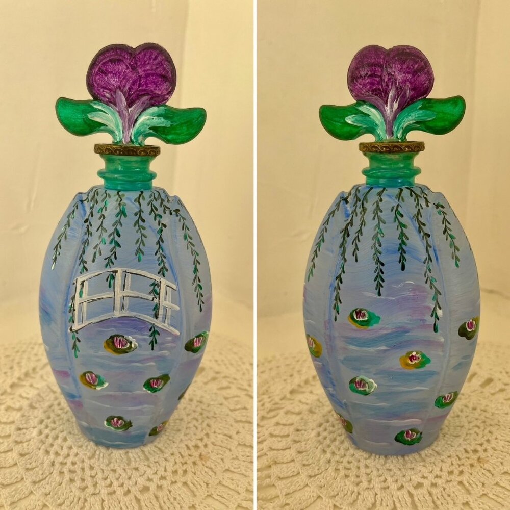 Painted Perfume Bottle "Monet Garden Bridge" by Laure Chanille French Art Glass